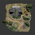 Charming Floating Island Landscape with Cozy House Willow Trees Small Pond Pathway and Decorations