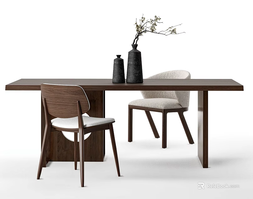 Modern Wooden Dining Table And Chair Set With Light Gray Cushions Decorative Vases And Branches 3d model 
