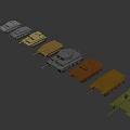 Various Military Vehicle Models in Different Colors Lined Up on Gray Background