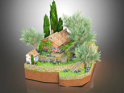 Charming Cartoon Rustic House Scene with Cypress Olive Trees Stone Wall Grass Lawn and Vines 3d model