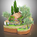 Charming Cartoon Rustic House Scene with Cypress Olive Trees Stone Wall Grass Lawn and Vines