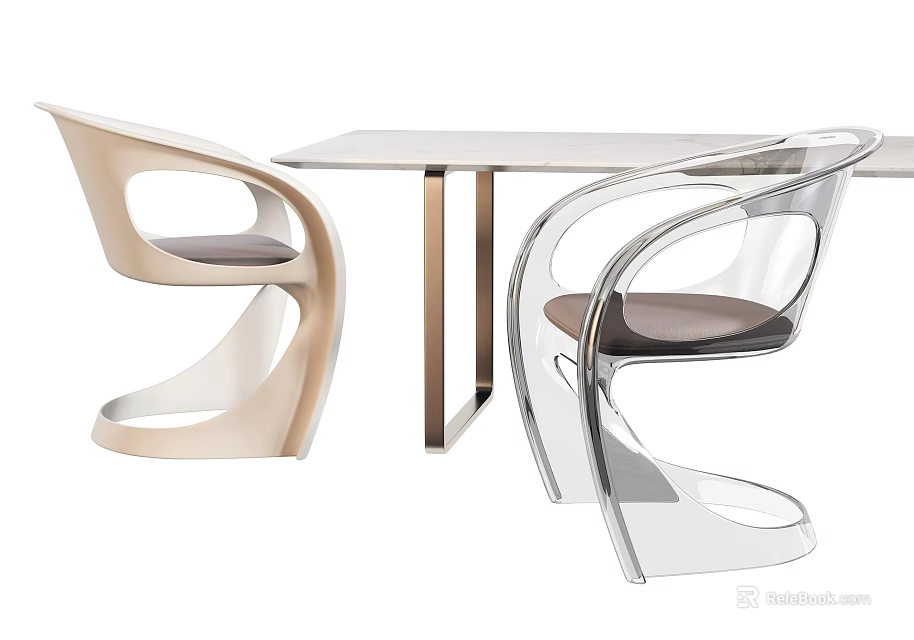 Modern Dining Table Set with Transparent and Wooden Chairs Unique Curved Design and Metal Legs 3d model 