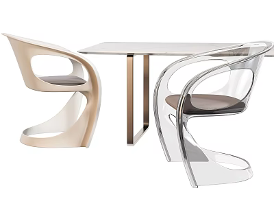 Modern Dining Table Set with Transparent and Wooden Chairs Unique Curved Design and Metal Legs 3d model