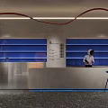 Modern Interior Space With Blue Bar Stools Moon Decoration Red Blue Curves And Gray Walls