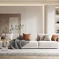 Modern Living Room Interior With White Sofa Brown Pillows Throw Blanket And Decorative Shelves