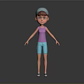 Cartoon Girl With Blue Cap Purple Tank Top Blue Shorts White Shoes And Gray Background