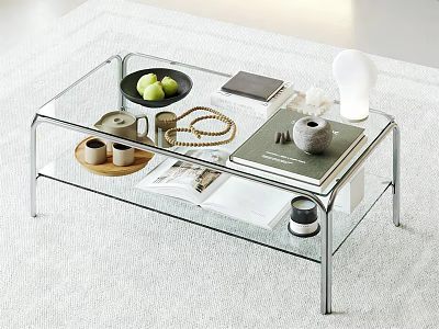Modern Two Tier Glass Coffee Table With Green Fruits Magazines And Decorative Items 3d model