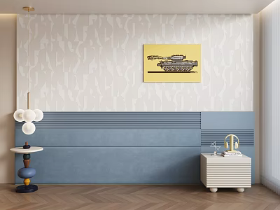 Stylish Beige And Blue Background Wall With Abstract Patterns Tank Painting And Side Cabinet 3d model
