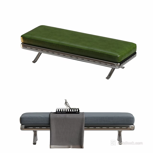 Stylish Upholstered Benches With Green And Blue Seats And Metal Frames 3d model 