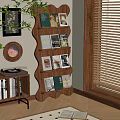 Wooden Wave Design Bookshelf Displaying Stacked Books In Natural Light Home Interior