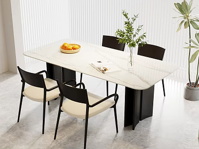 Modern White Marble Dining Table With Black Legs Four Chairs Fruit Bowl And Green Plant 3d model