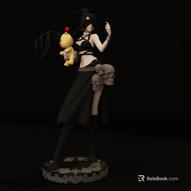 Gothic Character Figure With Long Black Hair Black Outfit Yellow Doll And Skull Details 3d model 