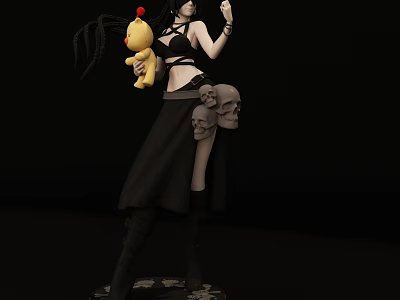 Gothic Character Figure With Long Black Hair Black Outfit Yellow Doll And Skull Details 3d model