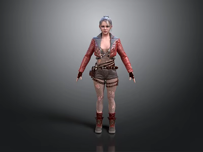 3D fantasy woman with silver gray hair red leather jacket patterned bodysuit utility belt boots 3d model