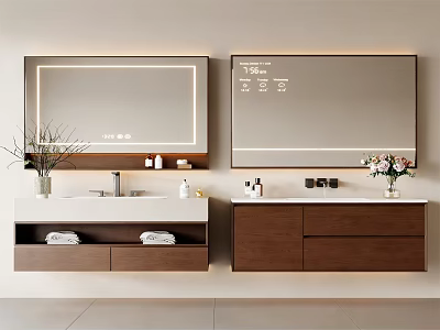 Modern Bathroom Vanity Sinks With Illuminated Mirrors Digital Displays And Wooden Cabinets 3d model