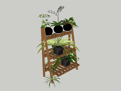 Bonsai Potted Plants On Wooden Tiered Stand With Green Foliage And Black Pots 3d model