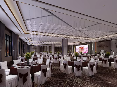 Elegant Banquet Hall Interior Design With White Bow Chairs Green Plants And Chandeliers 3d model