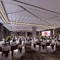 Elegant Banquet Hall Interior Design With White Bow Chairs Green Plants And Chandeliers