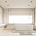 Elegant Modern Bathroom Interior Design With Freestanding Bathtub Large Window And Wooden Vanity