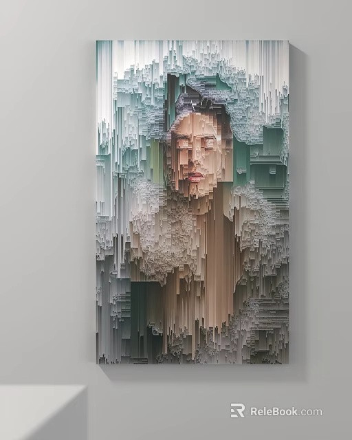 3D Layered Human Portrait Painting in Modern Art Style With Textured Blue Green Beige Tones 3d model 