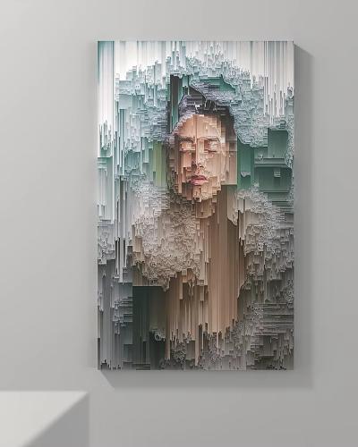 3D Layered Human Portrait Painting in Modern Art Style With Textured Blue Green Beige Tones 3d model