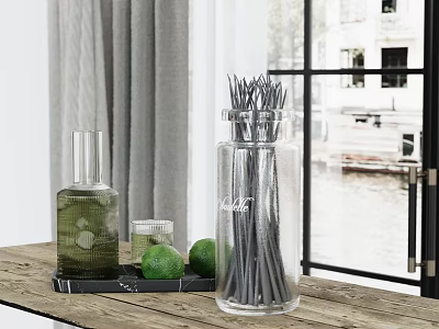 Kitchen Countertop With Wooden Surface Clear Jar Black Straws Green Bottle Limes And Glass Cup 3d model