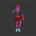 Woman with red hair wearing blue cardigan and red patterned skirt holding microphone and bottle