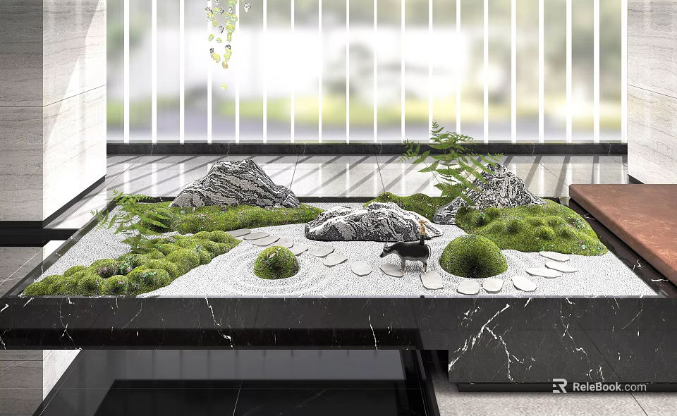 Zen Style Miniature Garden Ornament With Green Moss Stones And Small Plants 3d model 