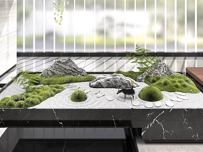 Zen Style Miniature Garden Ornament With Green Moss Stones And Small Plants 3d model