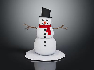 Cute Snowman Ornament With Black Top Hat Red Scarf Stick Arms And White Body 3d model