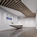 Modern Reception Desk Interior Design With White Counters Digital Screens And Wooden Ceiling 3d model