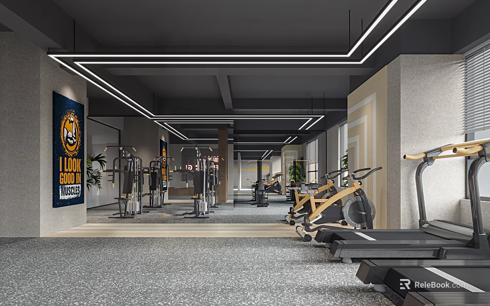 Modern Gym Interior With Various Fitness Equipment 3d model 