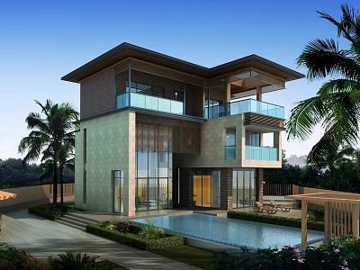 Modern Detached Villa With Swimming Pool Palm Trees Balconies And Large Glass Windows 3d model