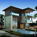 Modern Detached Villa With Swimming Pool Palm Trees Balconies And Large Glass Windows