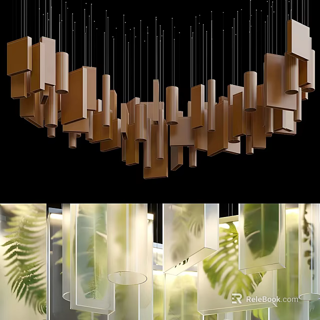 Modern Brown Square Chandelier with Transparent Elements and Green Leaf Background 3d model 