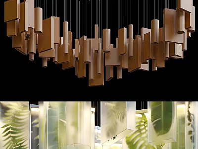 Modern Brown Square Chandelier with Transparent Elements and Green Leaf Background 3d model