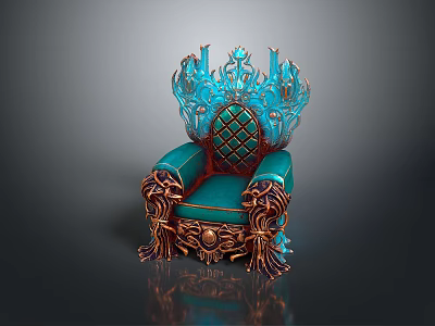 Ornate Turquoise Chair With Intricate Gold Accents And Crown-like Backrest Design 3d model