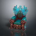 Ornate Turquoise Chair With Intricate Gold Accents And Crown-like Backrest Design