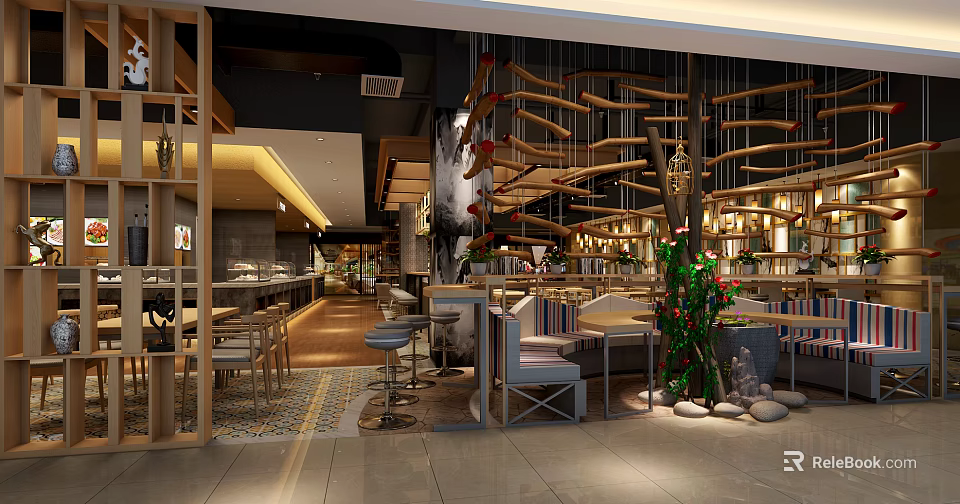 Modern Restaurant Interior With Decorative Ceiling Hanging Elements Green Plants And Dining Tables 3d model 