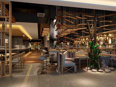 Modern Restaurant Interior With Decorative Ceiling Hanging Elements Green Plants And Dining Tables 3d model