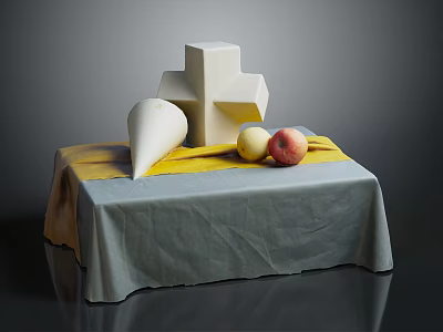 Still Life Arrangement With Cross Shaped Geometric Object Cone Apples And Tablecloth On Table 3d model