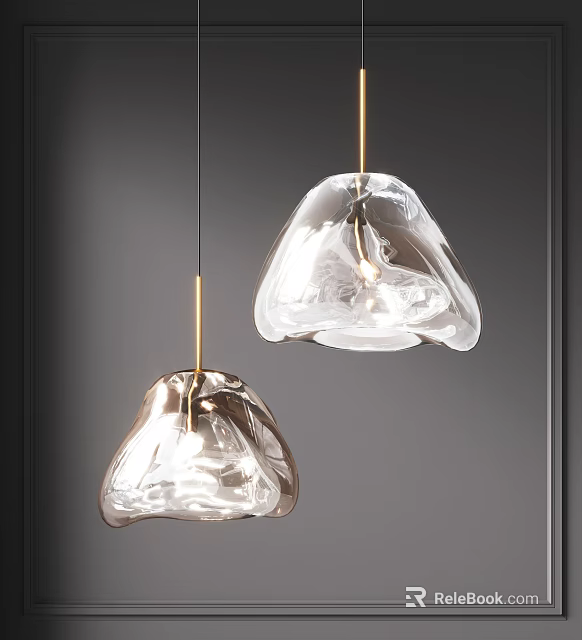 Modern Transparent Glass Pendant Lights With Irregular Shape And Gold Rods On Dark Background 3d model 