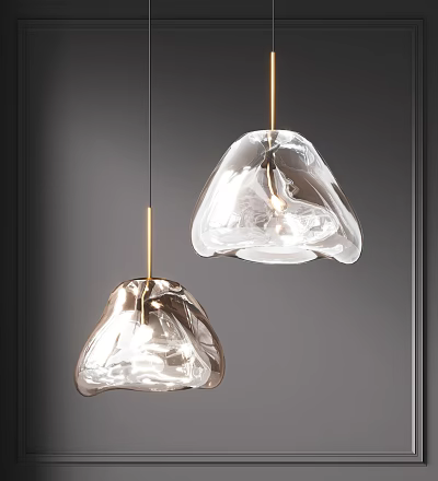 Modern Transparent Glass Pendant Lights With Irregular Shape And Gold Rods On Dark Background 3d model