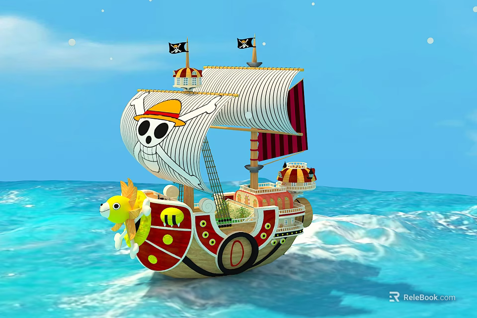 Wooden Pirate Ship With Skull Crossbones Sails Black Flags Sailing On Blue Ocean Waves 3d model 