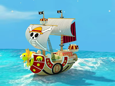 Wooden Pirate Ship With Skull Crossbones Sails Black Flags Sailing On Blue Ocean Waves 3d model