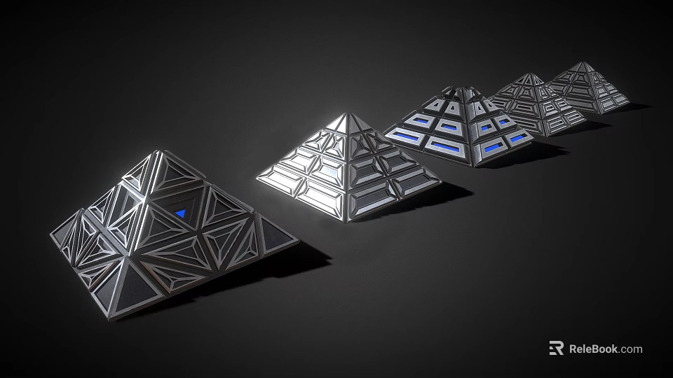 Cartoon Futuristic Scene With Silver Pyramids Geometric Patterns Glowing Blue Lights On Black Background 3d model 