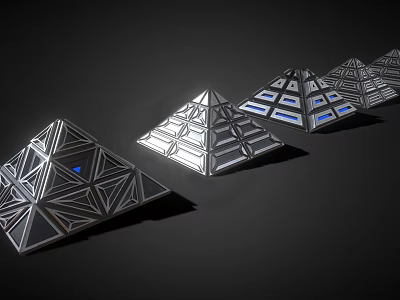 Cartoon Futuristic Scene With Silver Pyramids Geometric Patterns Glowing Blue Lights On Black Background 3d model