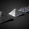 Cartoon Futuristic Scene With Silver Pyramids Geometric Patterns Glowing Blue Lights On Black Background