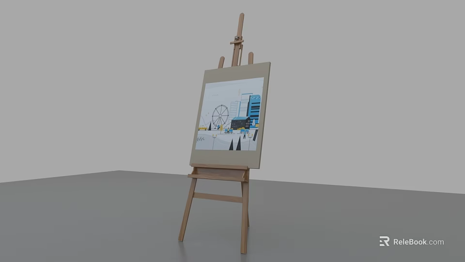 Stylish Decorative Ornament Set Including Wooden Easel And Cityscape Painting For Home Decoration 3d model 