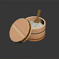 Traditional Wooden Bucket with Open Lid and Wooden Spoon Containing Salt
